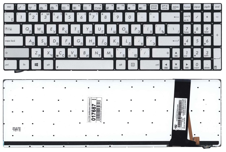 Клавиатура для Asus N550, N56 серебристая с подсветкой, плоский Enter